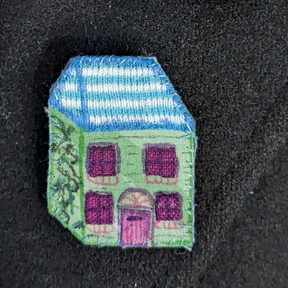Small Green and Blue House Art Pin - Picture 1 of 4